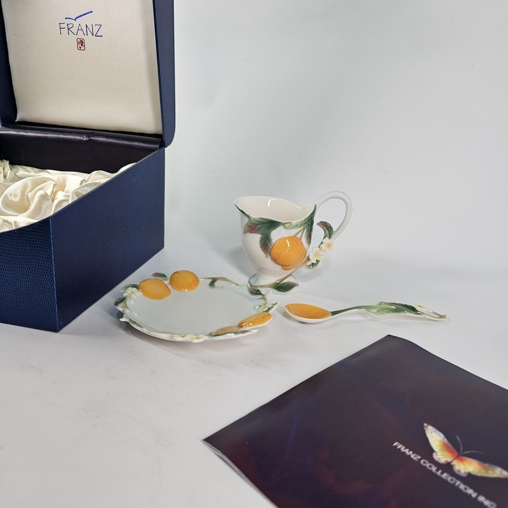 Franz Orange Blossom Cup, Saucer & Spoon RARE W Box Booklet Satin Lined 3 Pc Set